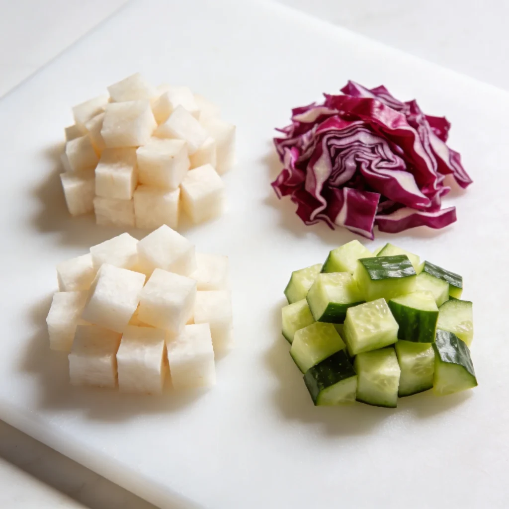Finely chopped vegetables illustrating the micro-chopping technique for a cpk style salad.