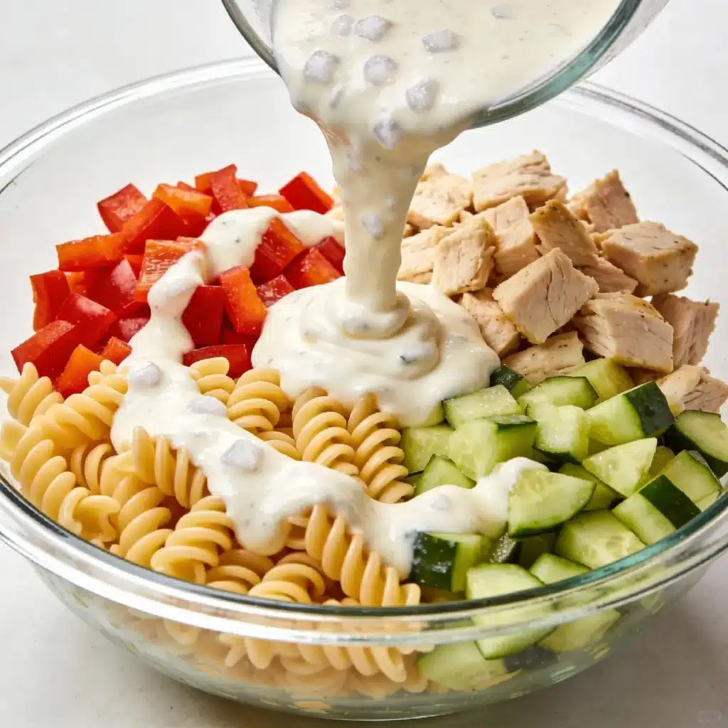Ingredients for pasta salad in a glass bowl ready to be mixed.