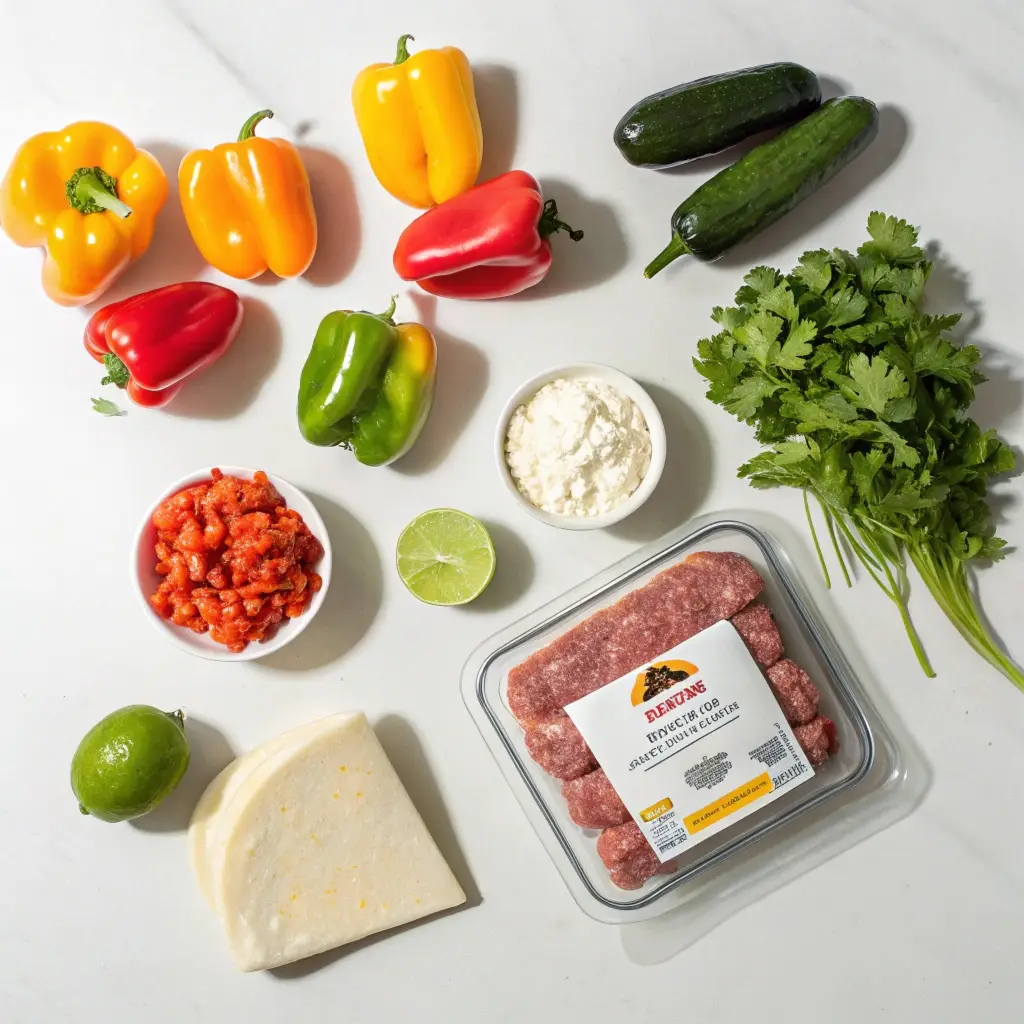 Ingredients for nacho bell pepper salad including beef and peppers.