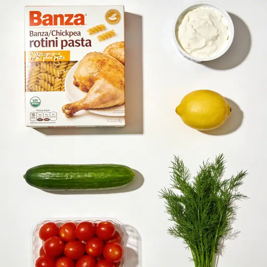 Ingredients for high protein pasta salad including chickpea pasta and chicken.
