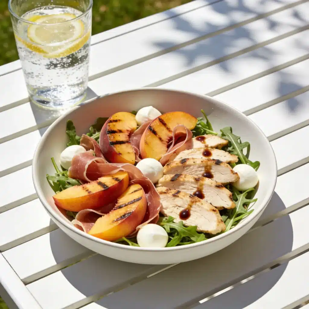 A professional high-angle view of a healthy grilled peach salad for weight loss.