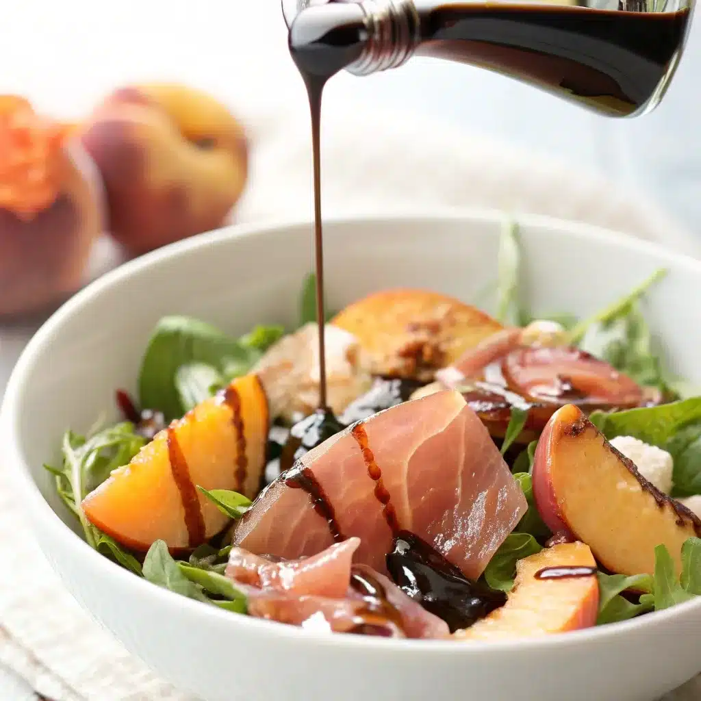 Drizzling balsamic glaze over a healthy peach and prosciutto salad.