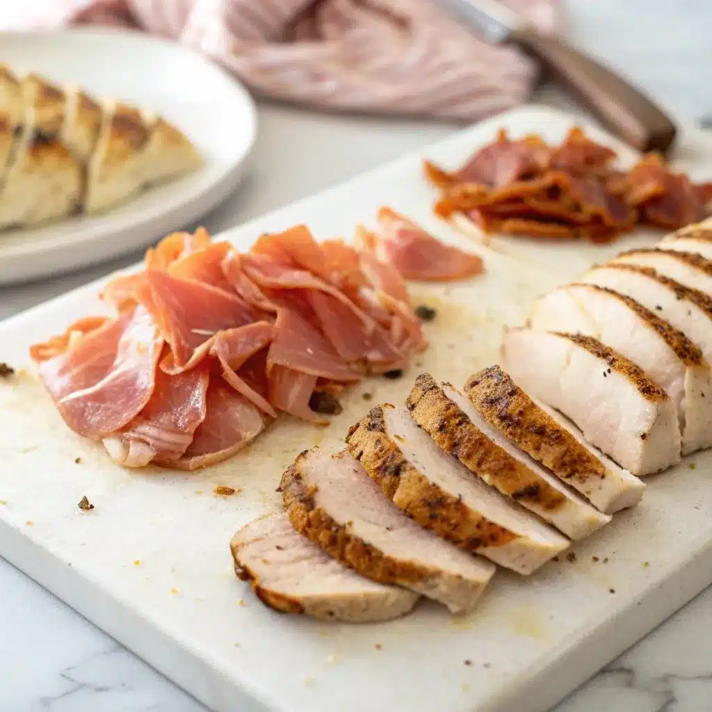 Sliced chicken and torn prosciutto for a high protein salad.