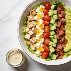 Protein Packed Cobb Salad with ingredients arranged in neat rows.