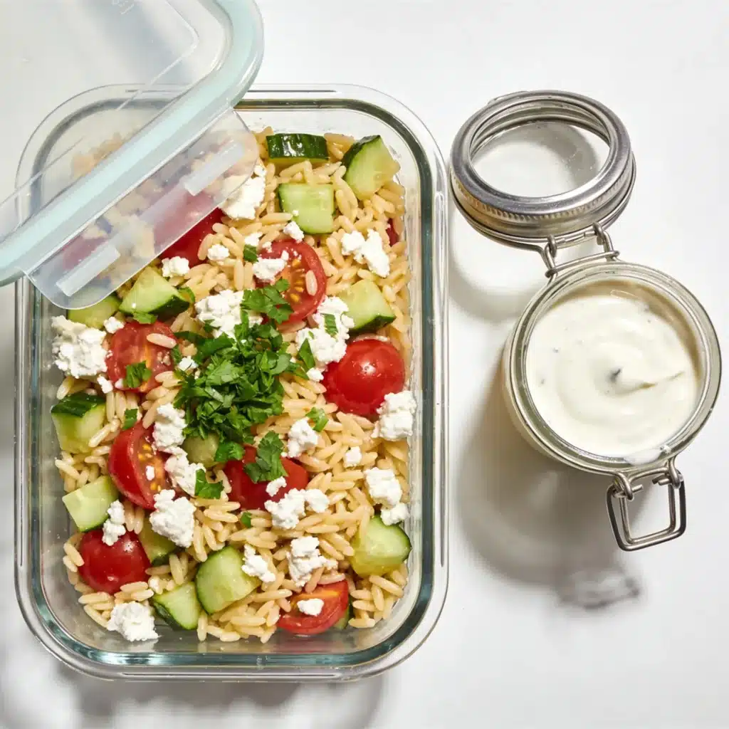 Small jar of reserved dressing next to a meal prep container of orzo salad.