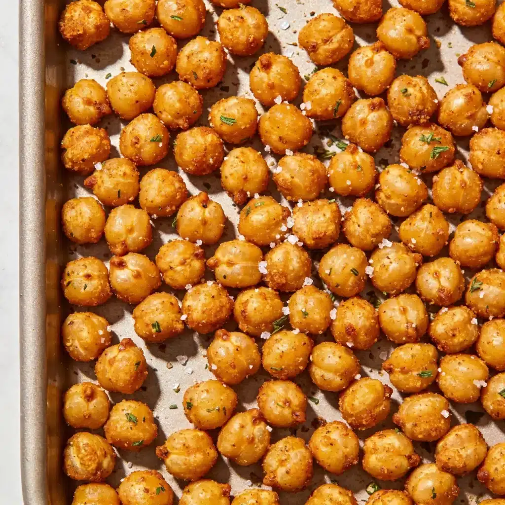 Golden roasted chickpeas on a baking tray.