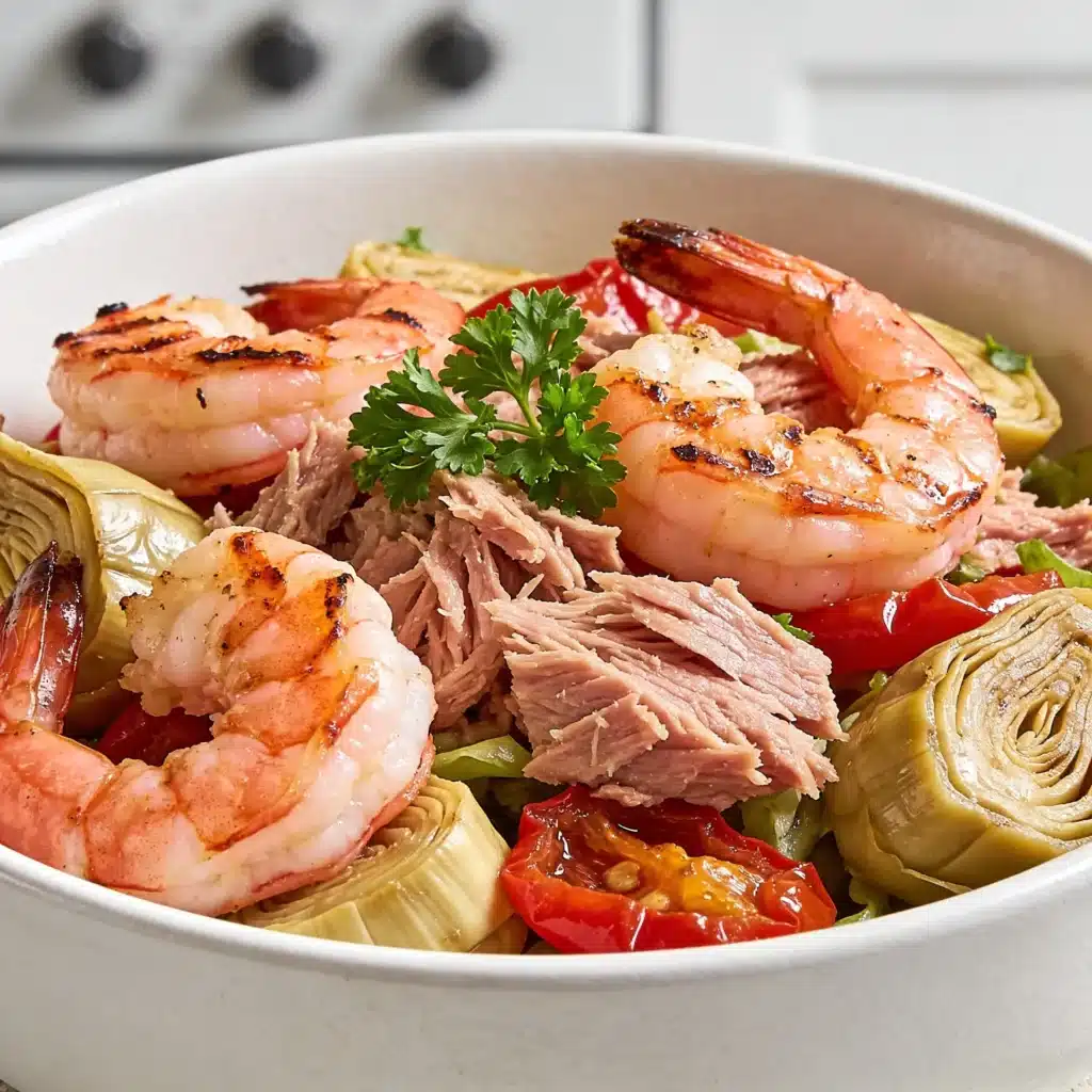 A seafood variation of the italian antipasto salad with grilled shrimp and tuna.