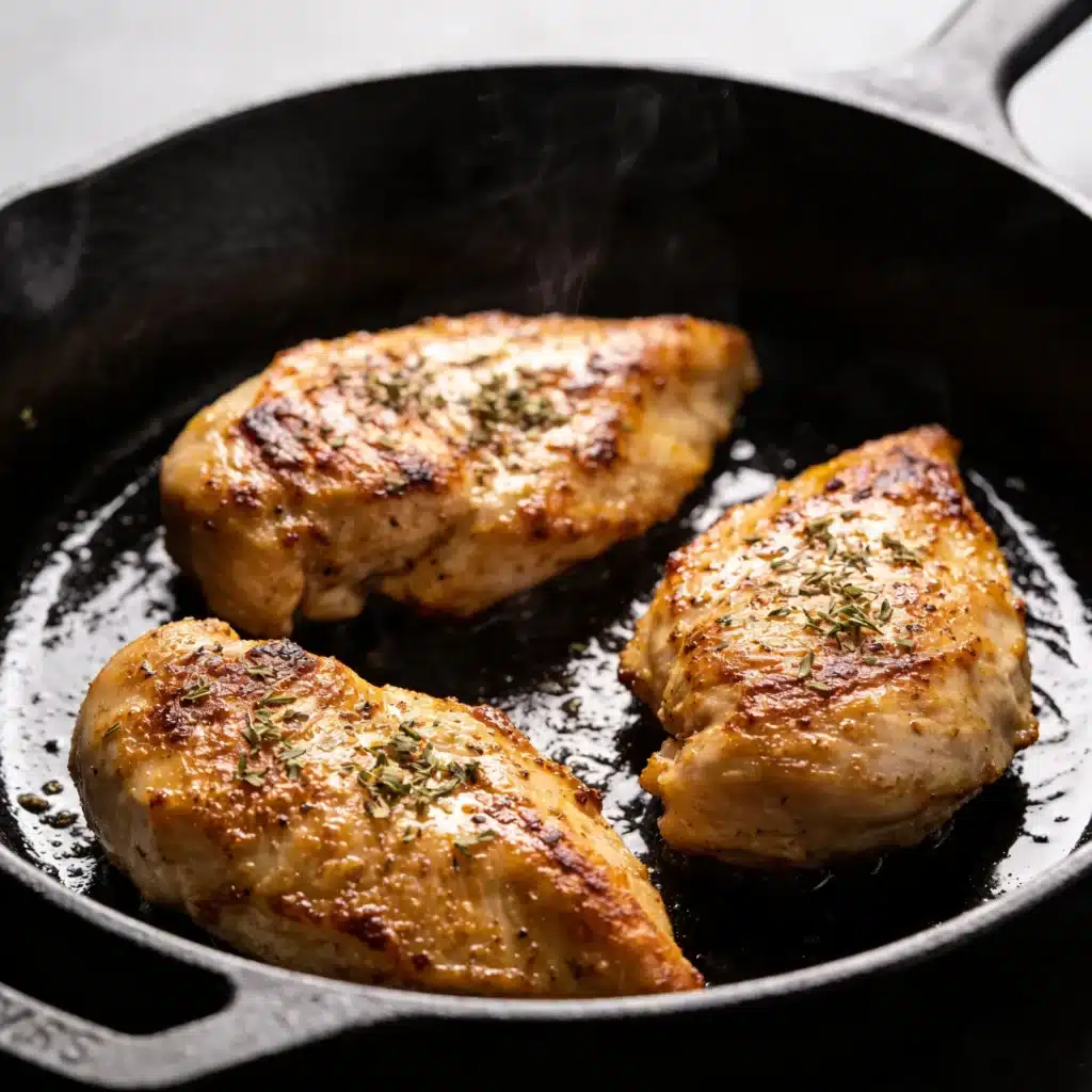 Golden-brown chicken breasts searing in a pan for a high protein salad.