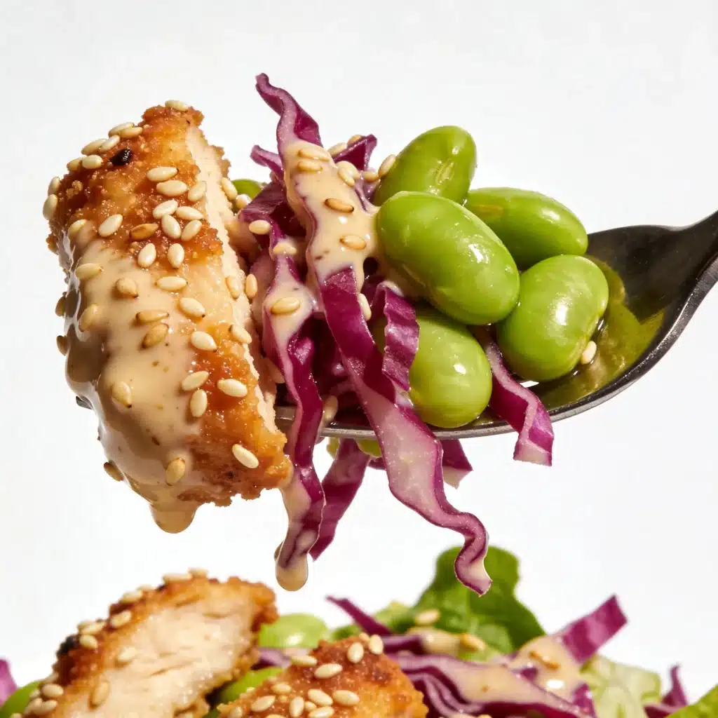 Close up of a fork with chicken, edamame, and cabbage.