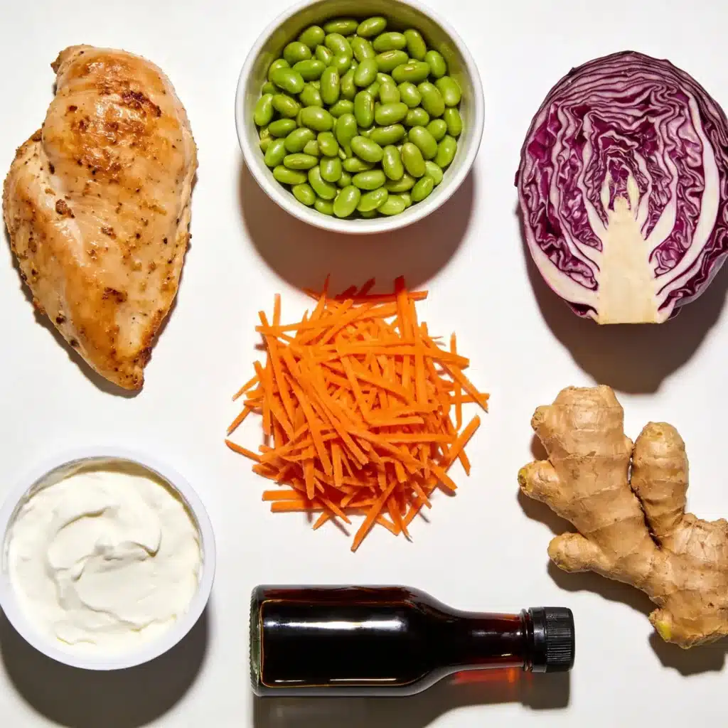 Ingredients for sesame ginger chicken salad including edamame and cabbage.