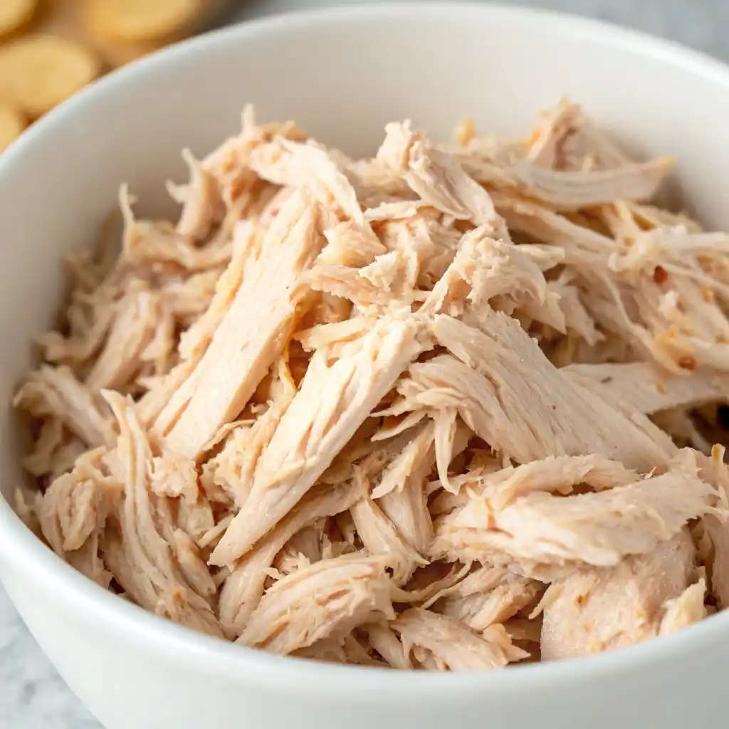 Shredded rotisserie chicken breast in a white bowl.