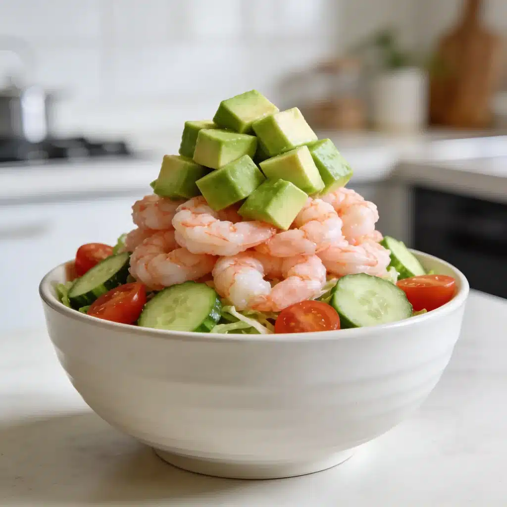 Side profile of a large bowl of shrimp and avocado salad for weight loss.