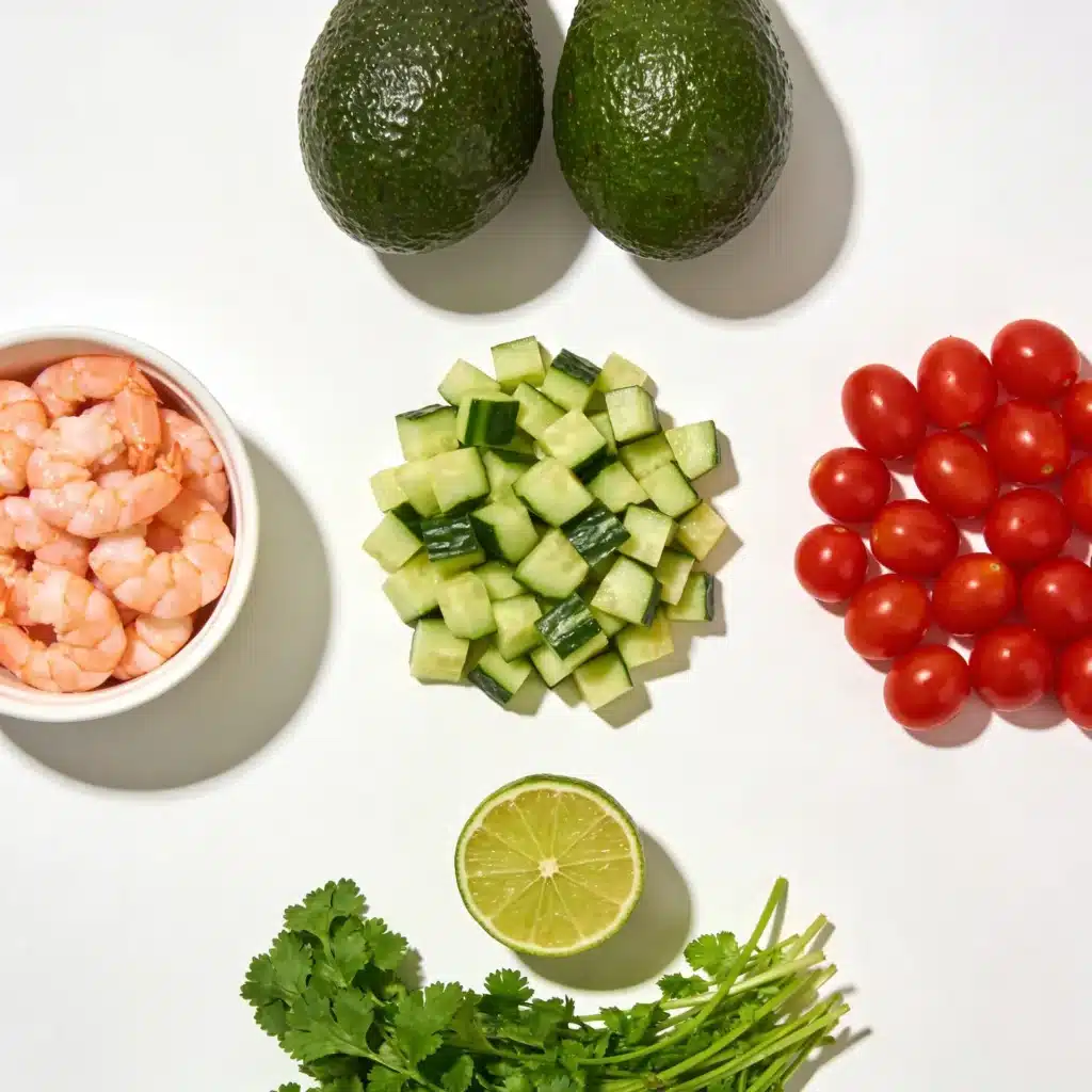Flat lay of shrimp, avocado, cucumber, and lime ingredients for a healthy salad.