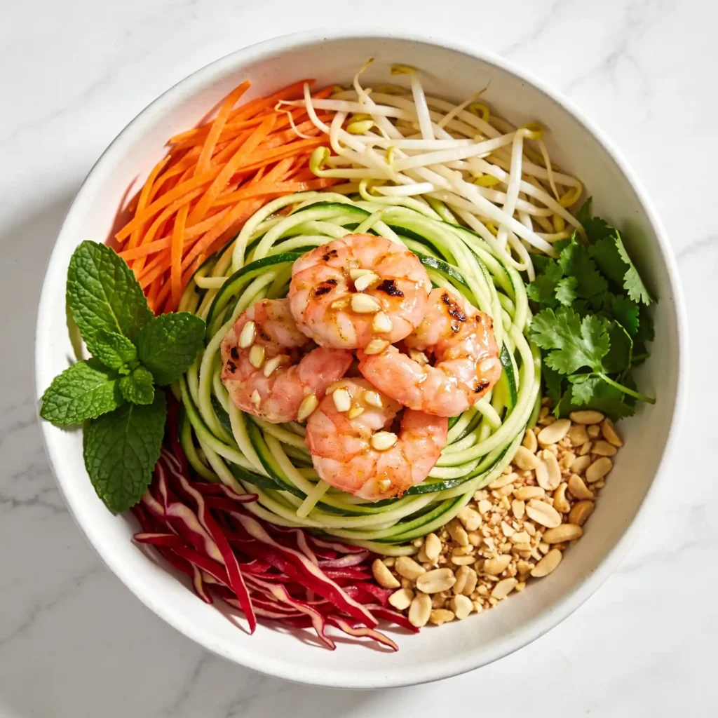 A Vietnamese zoodle salad topped with garlic seared shrimp.