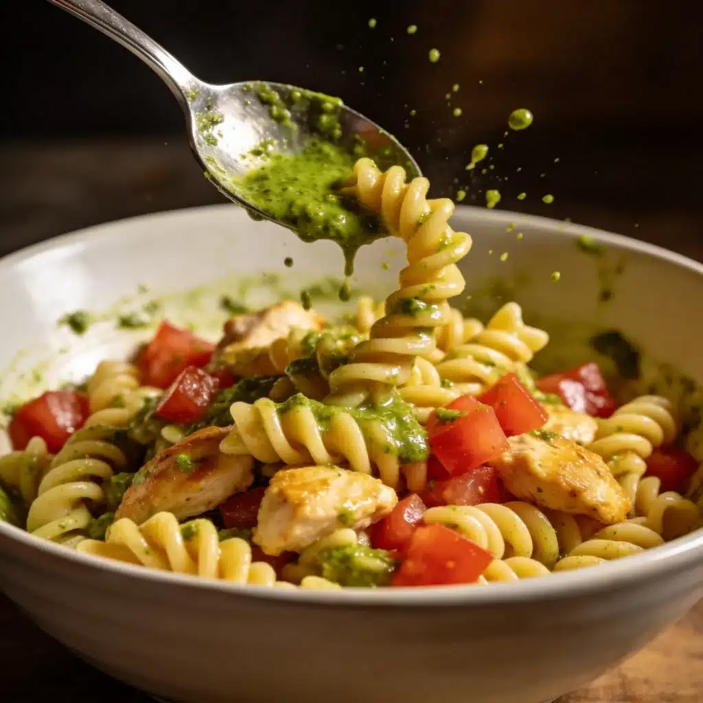 Tossing chicken, pasta, and vegetables in a creamy green pesto dressing.