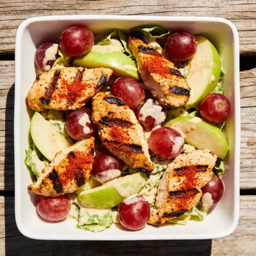 A rustic variation of Sonoma chicken salad with charred, smoky chicken and fresh fruit.