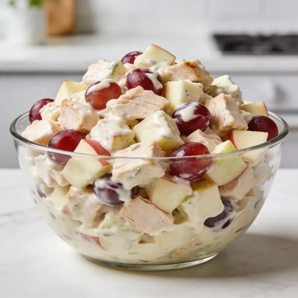 Fully assembled and tossed Sonoma chicken salad in a glass bowl.