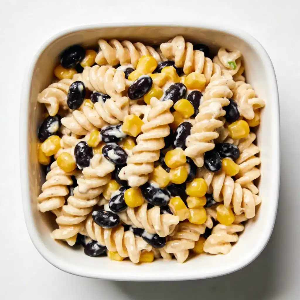 Southwest black bean salad mixed with rotini pasta.