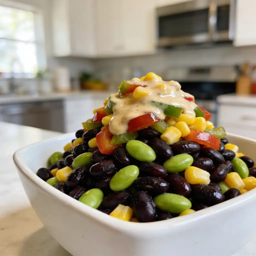 Side view of a massive bowl of Southwest black bean salad for weight loss.