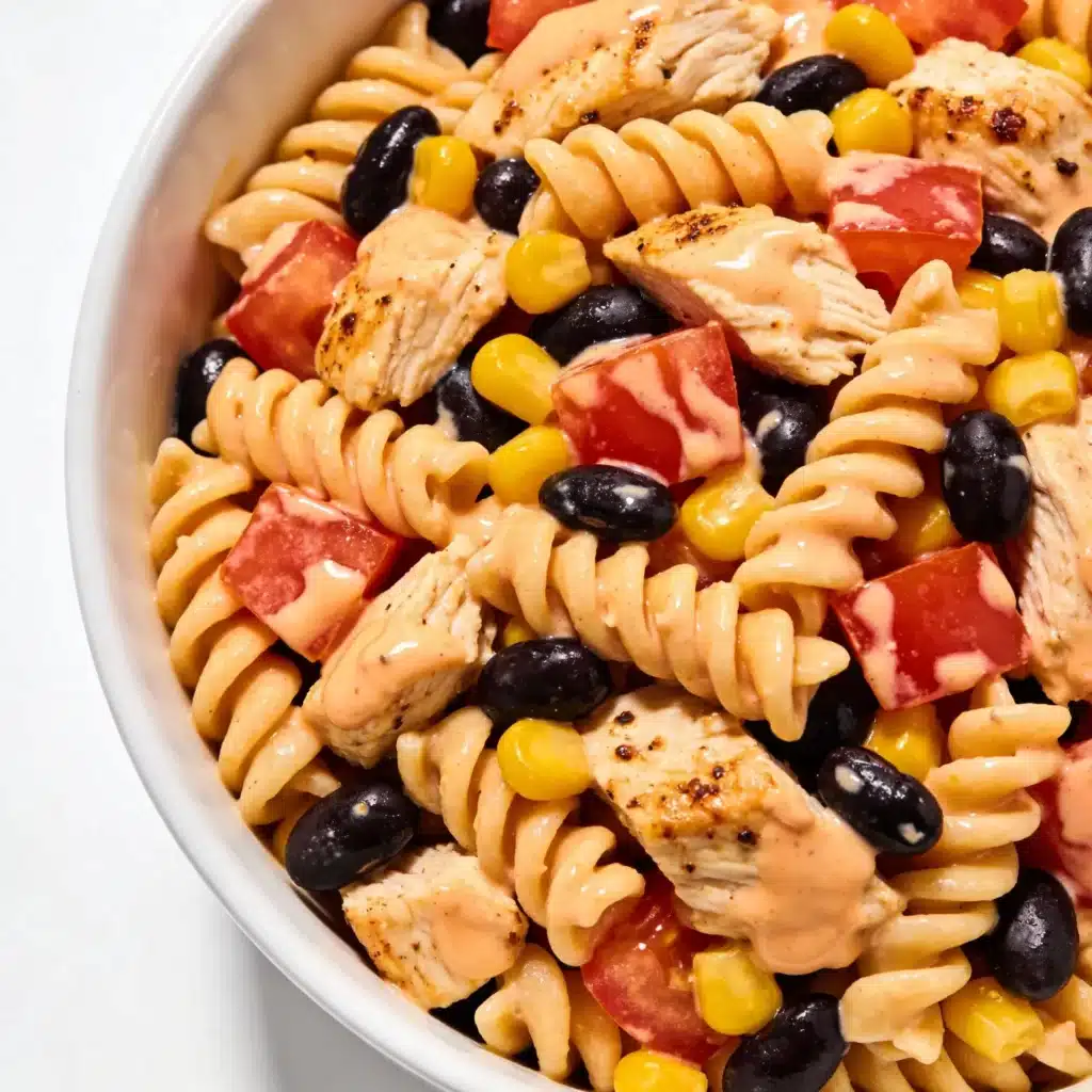 Southwest chicken salad mixed with rotini pasta.