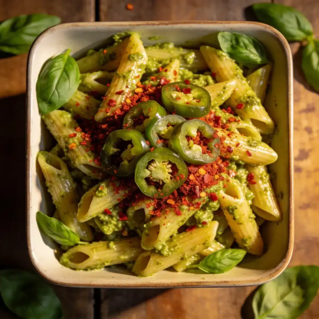 Spicy chicken pesto pasta salad topped with red pepper flakes.