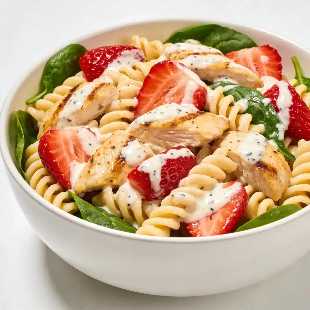 Strawberry chicken salad mixed with rotini pasta.