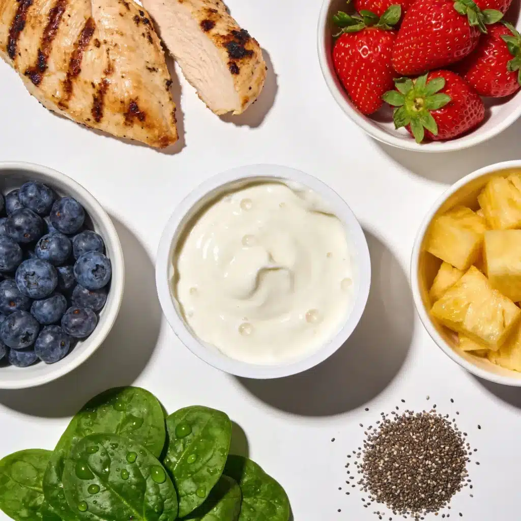 Ingredients for strawberry poppyseed salad including fruit and yogurt.