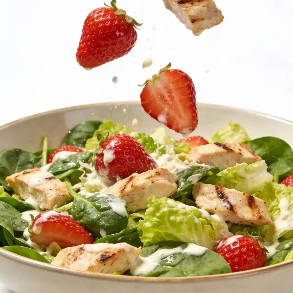 Strawberry chicken salad being tossed in a bowl.