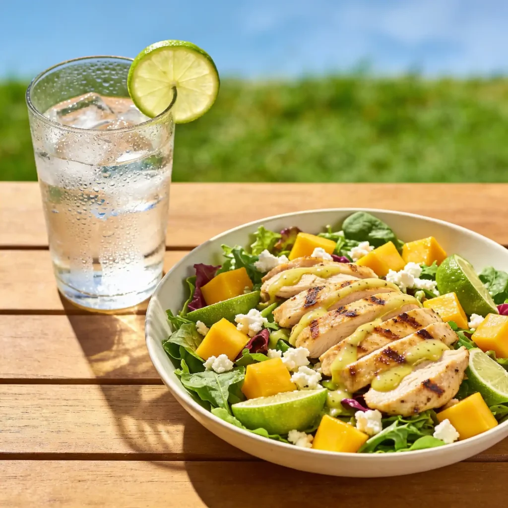 A tropical chicken salad on a sunlit table illustrating hydration eating for weight loss.