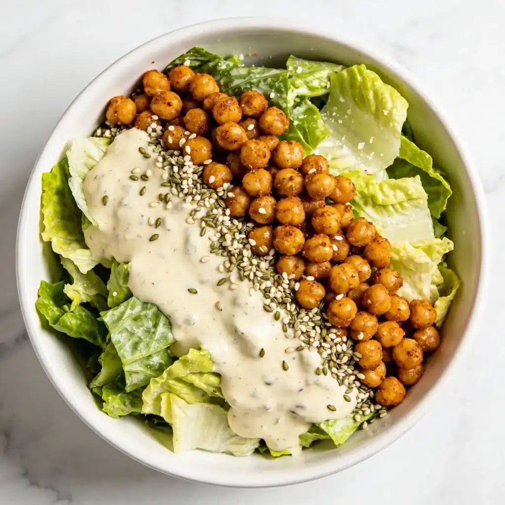 Vegetarian caesar salad with chickpeas and hemp seeds.