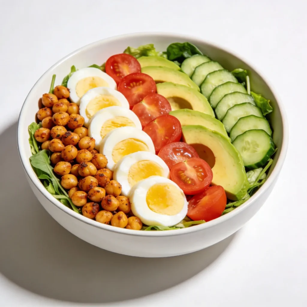 Vegetarian cobb salad with roasted chickpeas and eggs.