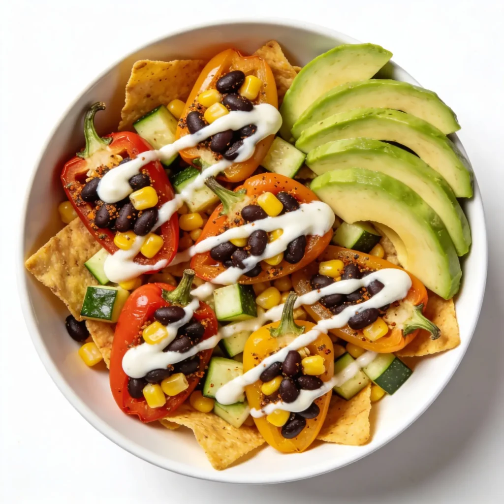Vegetarian nacho salad with black beans and avocado.