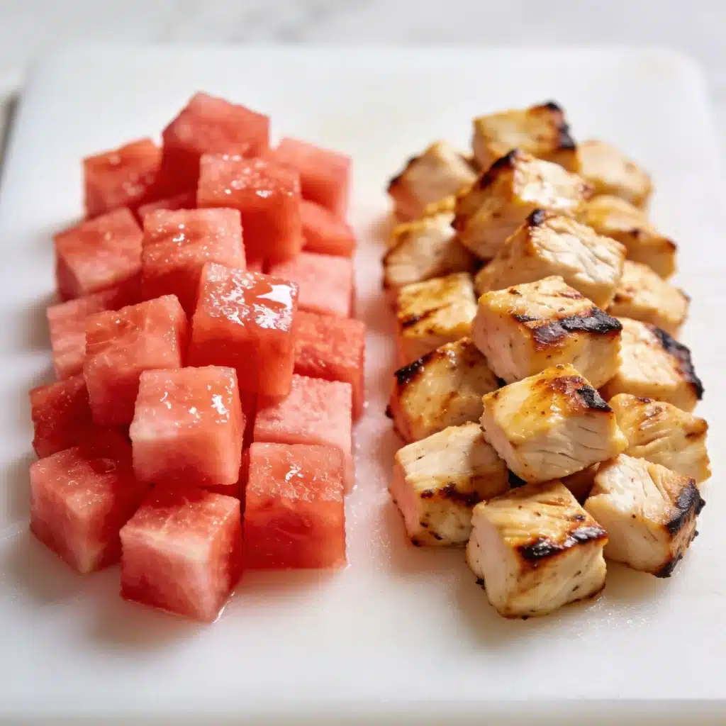 Diced watermelon and chicken cubes illustrating the uniform dice technique.