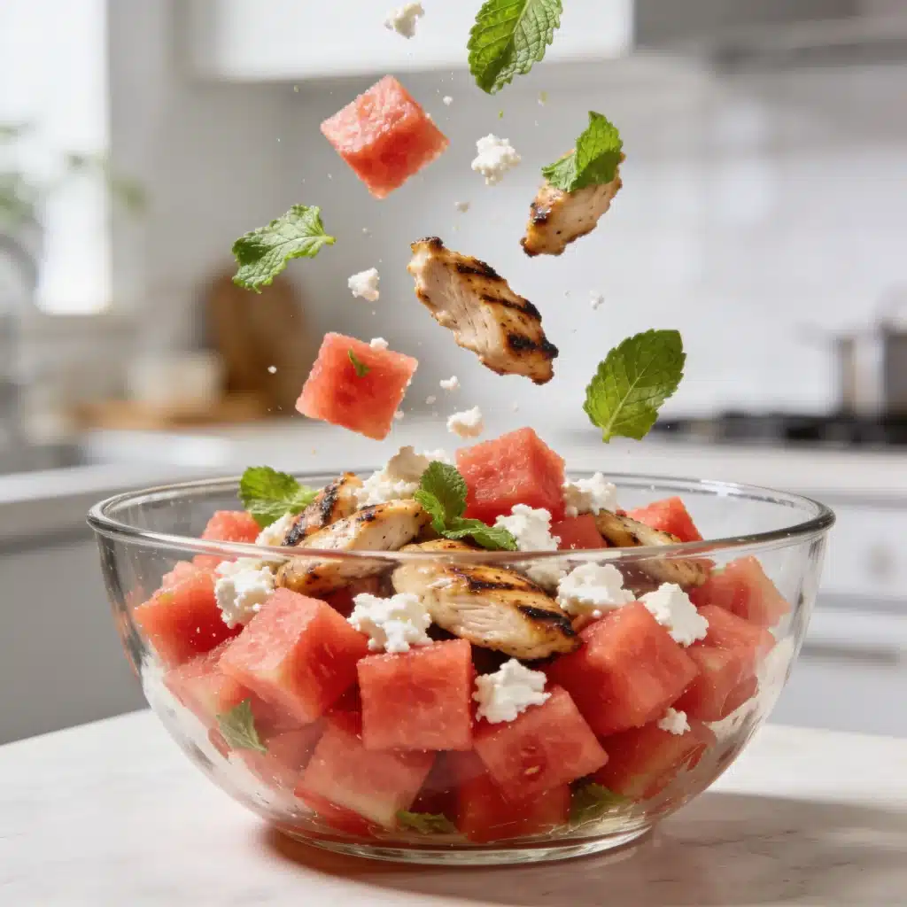 Layering cold watermelon, chicken, and feta in a large glass bowl.
