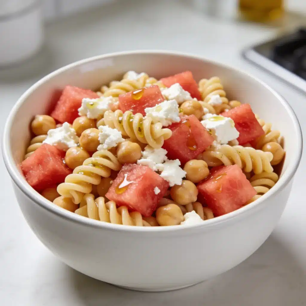 A high protein watermelon pasta salad hybrid featuring chickpea noodles.