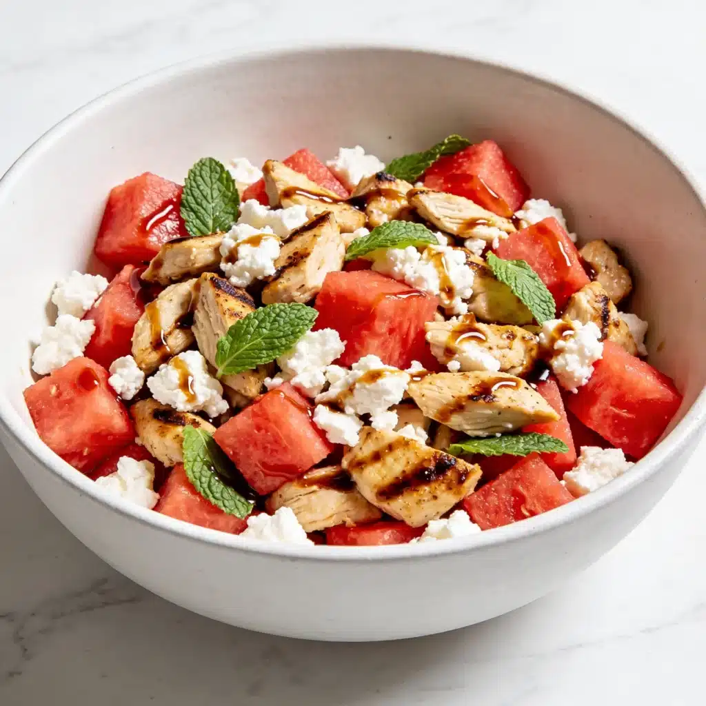 A large portion of watermelon feta chicken salad illustrating the hydration hack for weight loss.
