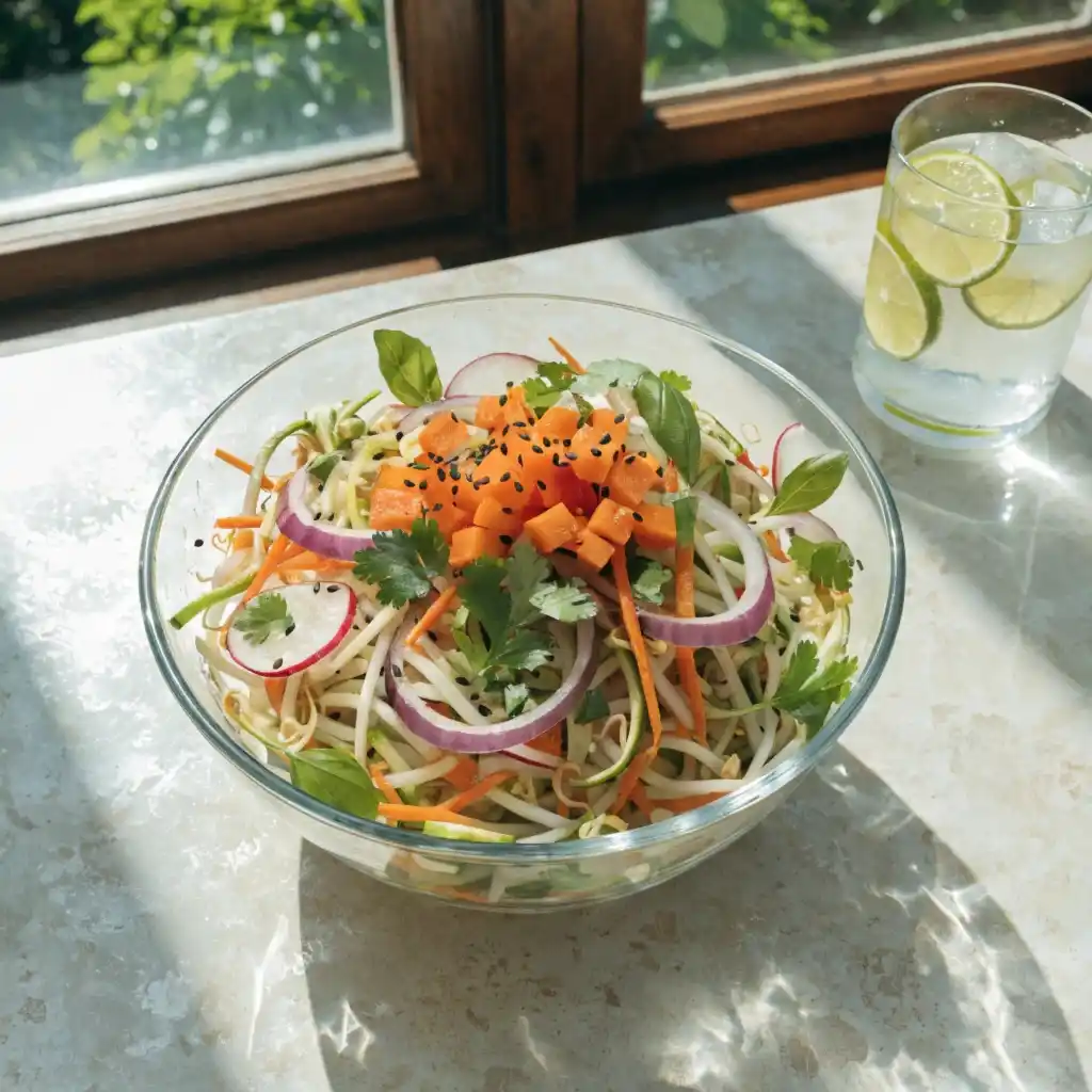 A massive portion of zoodle salad illustrating the volume eating weight loss hack.