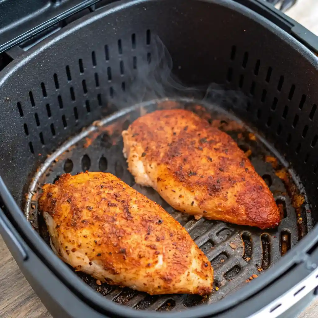 Cumin-rubbed chicken breasts sizzling inside an air fryer basket.