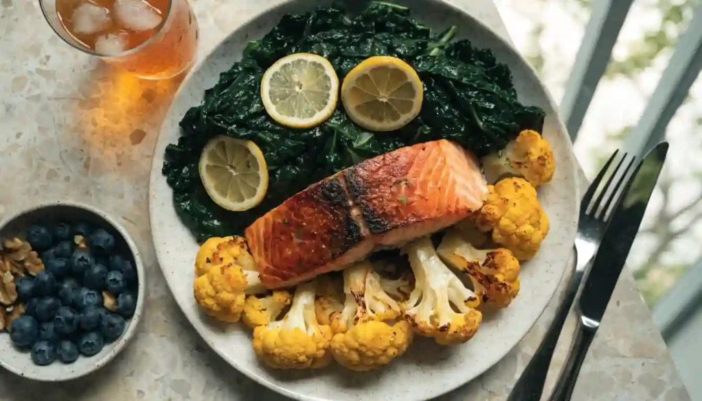 A professional food photography overhead shot representing a complete Anti-Inflammatory Meal Plan