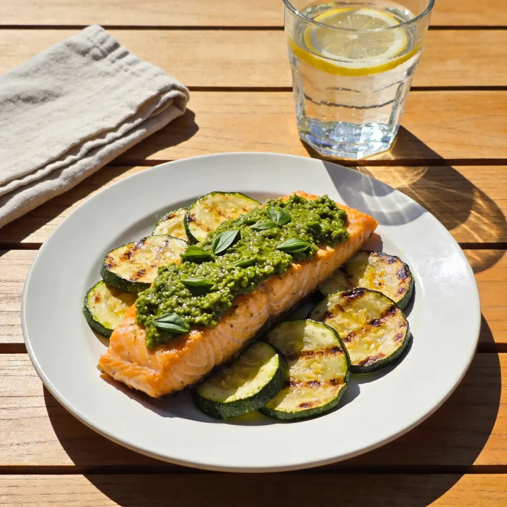 A healthy pesto salmon dinner served on a clean, sunlit table.