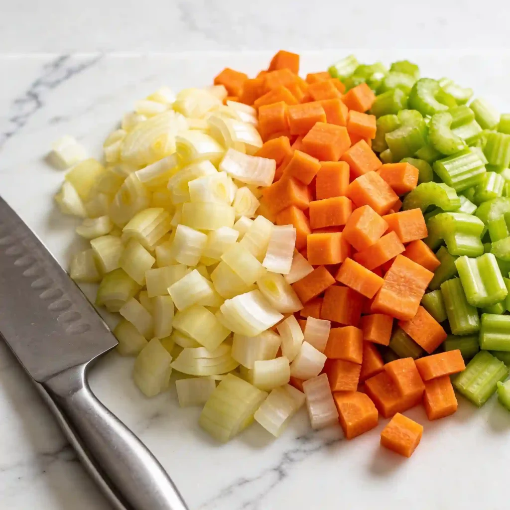 Finely diced onions, carrots, and celery prepped for a healing anti inflammatory soup recipe.
