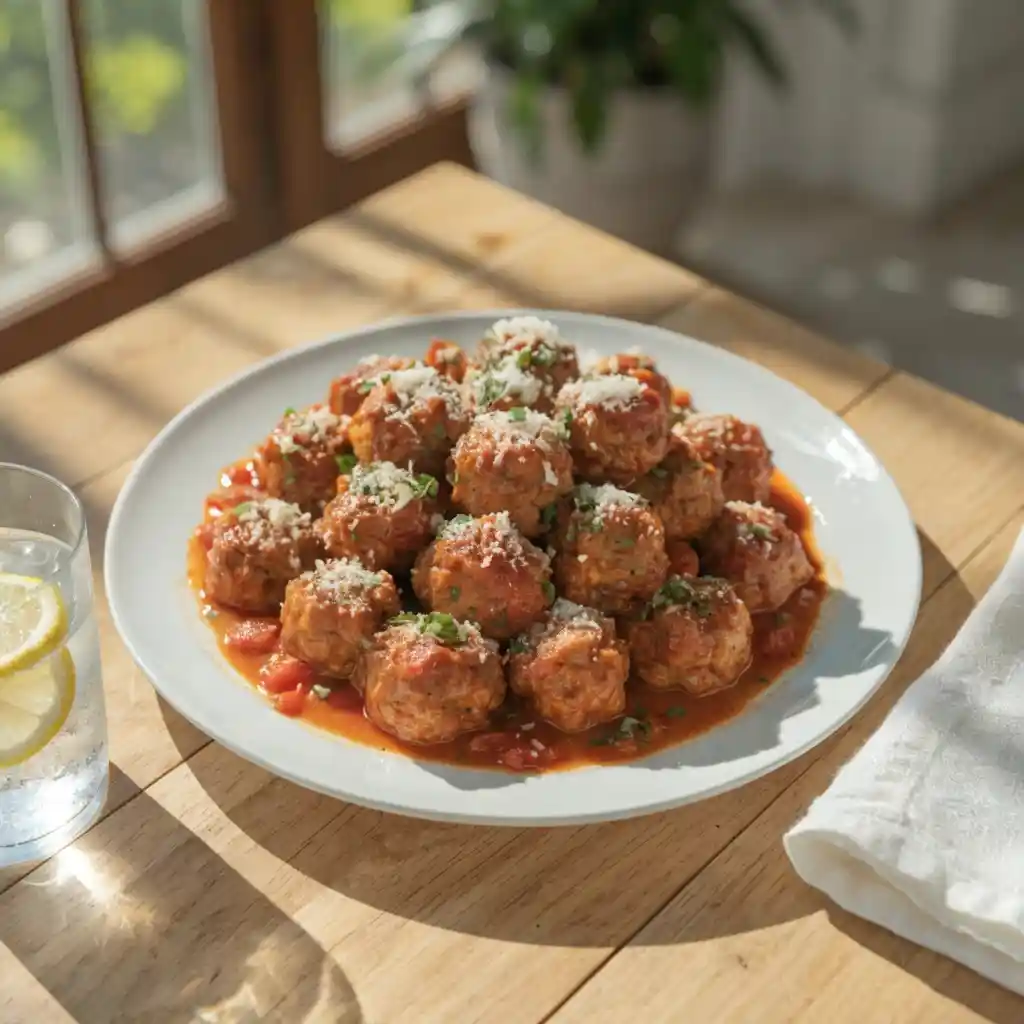 A healthy turkey meatball dinner served on a sunlit table for a metabolic reset.