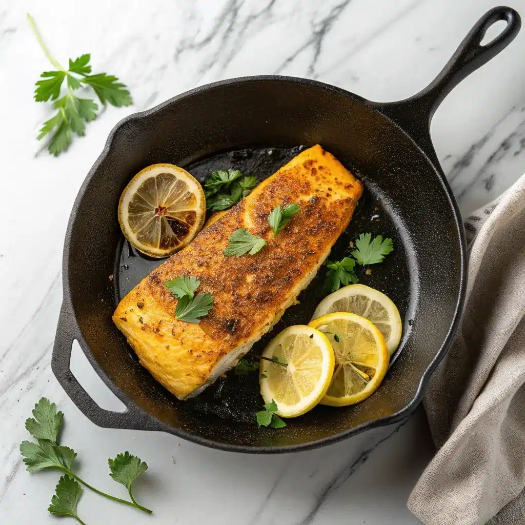 A golden pan-seared turmeric lemon cod fillet in a cast iron skillet with fresh lemon.