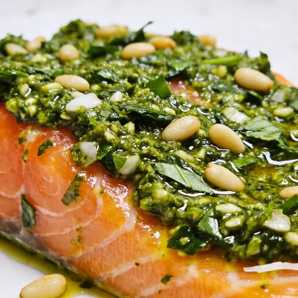 Spreading a layer of green basil pesto onto a fresh salmon fillet.