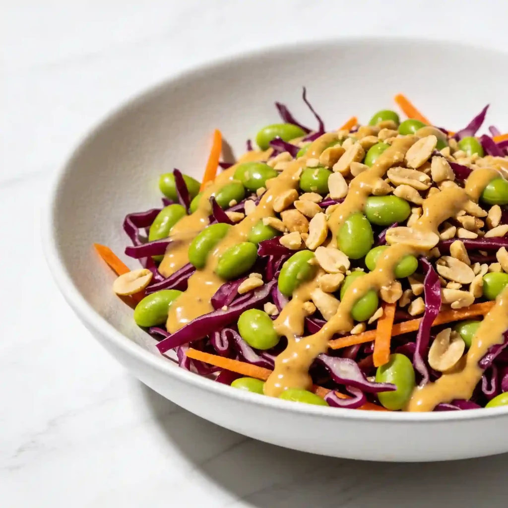 The bright green edamame and purple cabbage found in an Asian edamame crunch salad.