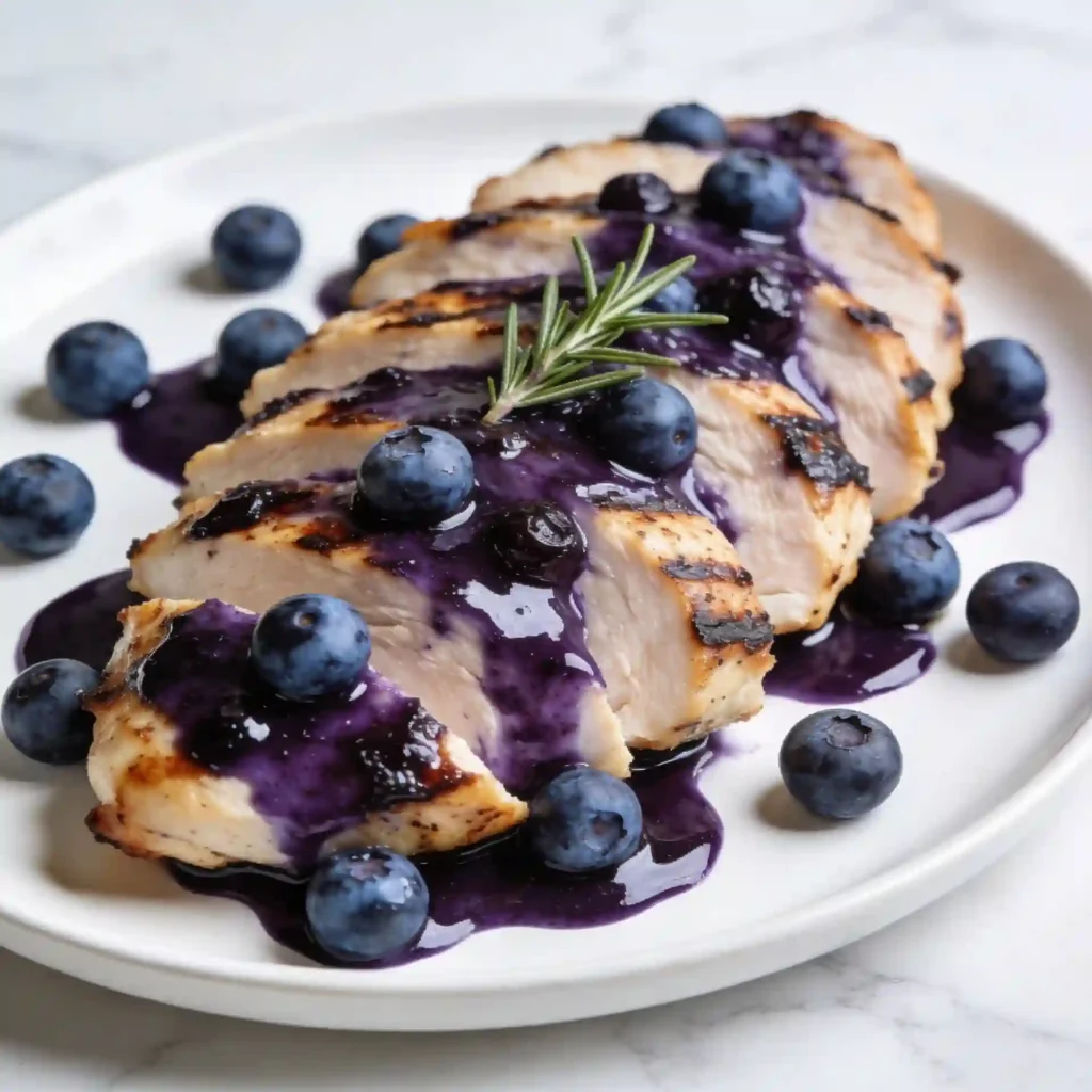The ultimate gourmet Blueberry Balsamic Grilled Chicken dinner prepared on a pristine white plate.