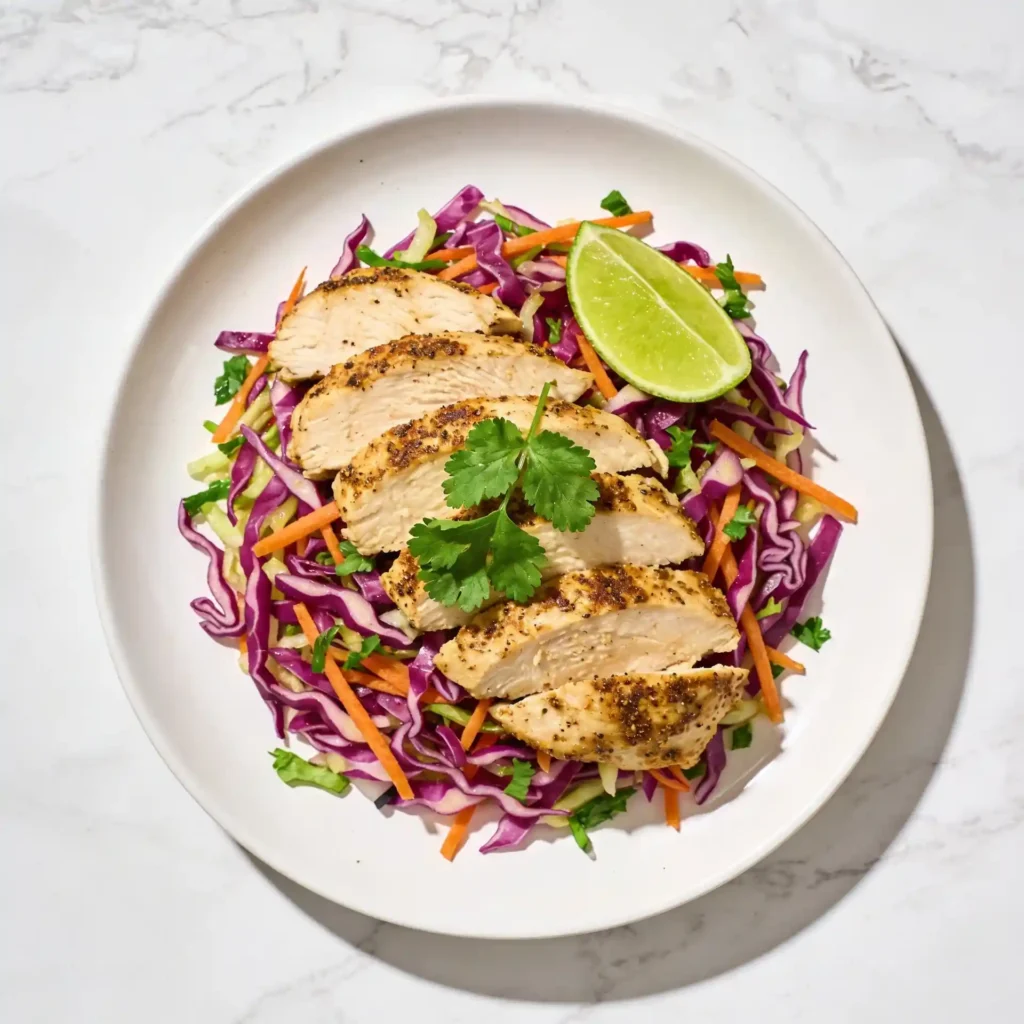 Final plated presentation of cumin air fryer chicken for a healthy lunch or dinner.