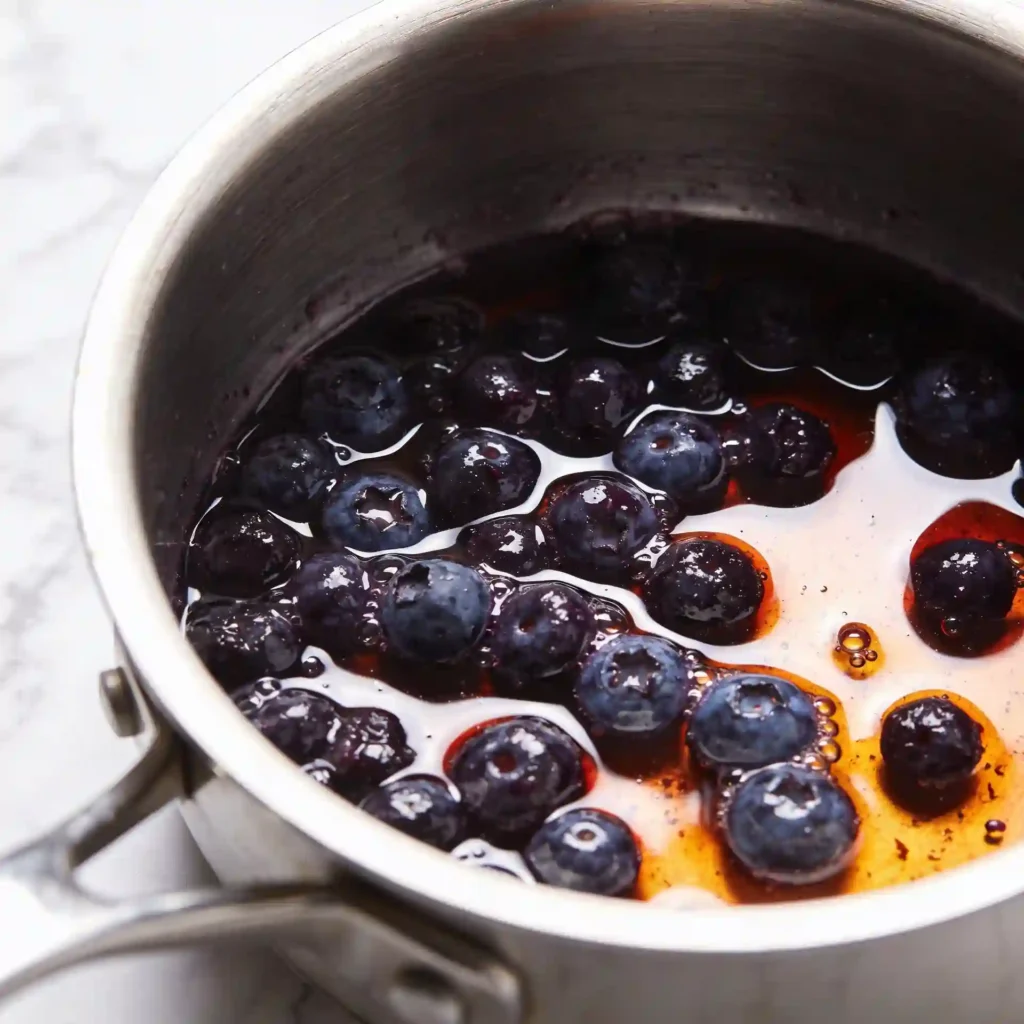Simmering a blueberries and balsamic glaze recipe in a saucepan to create a thick, antioxidant-rich reduction.