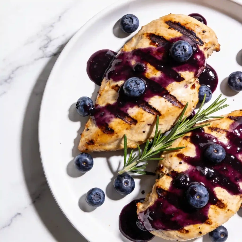 A white plate featuring a healthy Blueberry Balsamic Grilled Chicken garnished with fresh rosemary and berries.