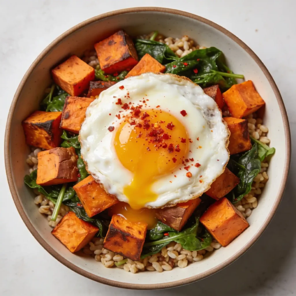 A roasted sweet potato bowl topped with a fried egg for breakfast.